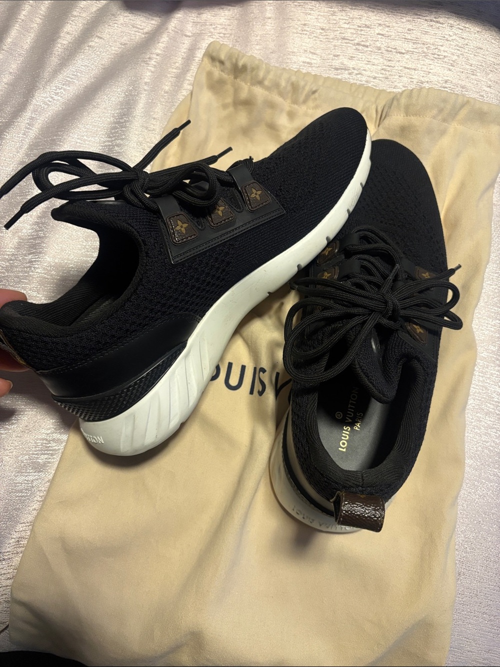 Louis Vuitton Black Knit Sneakers with White Soles and Monogram Tabs